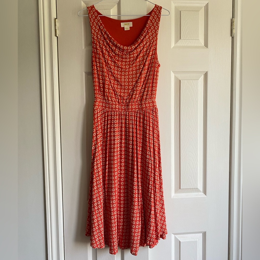 Maeve Anthropologie White and Orange Sleeveless Cowl Neck Midi Dress